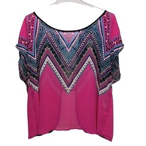 Torrid Pink Chevron Short Sleeve Chiffon Cross Back Blouse Size 0 Sheer